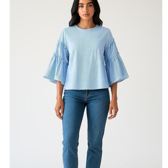 Anthropologie Tops - ANTHROPOLOGIE dRa striped ruffle Flare Sleeve blouse top blue white stripe Sz S